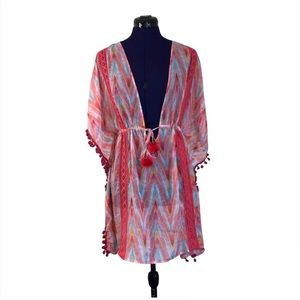 Time and Tru Pink Colorful Pom Cover Up Top
